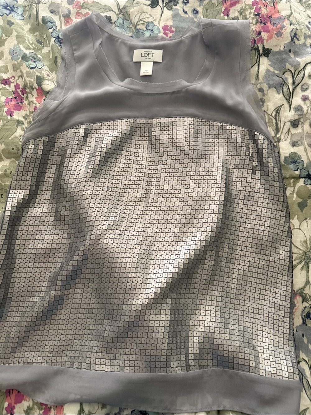 LOFT Silver-Gray Sleeveless Sequin Front Shell